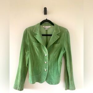 True Character Green Suede/Leather Jacket Silver Buttons Pleated Back Size M